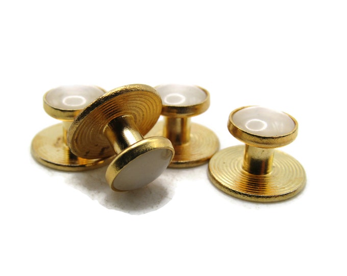White Stone Inlay Cuff Links Buttons Set Of 4 Men's Jewelry Gold Tone