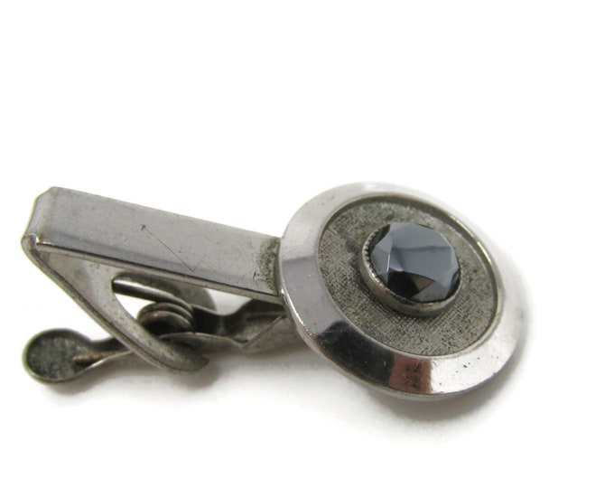 Hematite Center Dish Circle Setting Tie Clip Bar Silver Tone Vintage Men's Jewelry Nice Design