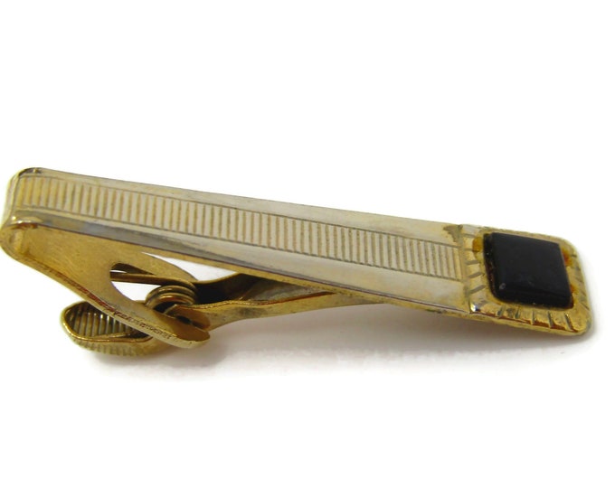 Cool Tie Clip Vintage Mens Tie Bar Black Accent Gold Tone Gift for Dad Son Husband Brother
