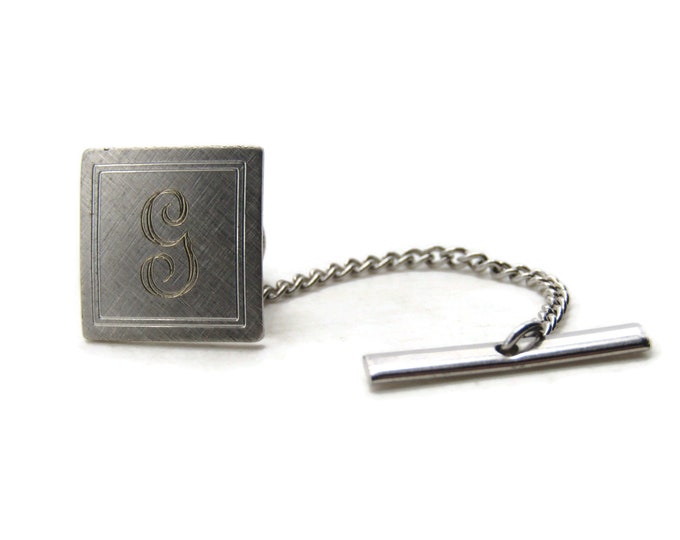 Square G Letter Initial Monogram Tie Pin And Chain Men's Jewelry Silver Tone