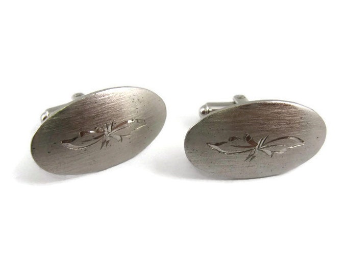 Vintage Cufflinks for Men: Oval Shape Stylized Flower Etch Center Silver Tone