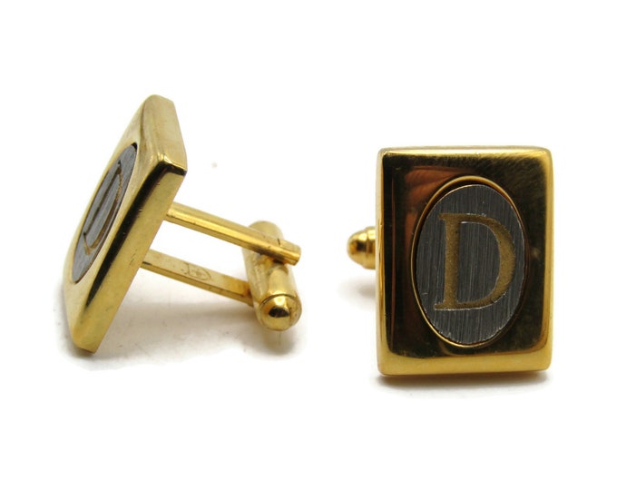D Letter Initial Monogram Rectangle Silver Tone Center Cuff Links Men's Jewelry Gold Tone