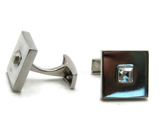 Square Clear Rhinestone Inlay Cuff Links Men's Jewelry Silver Tone