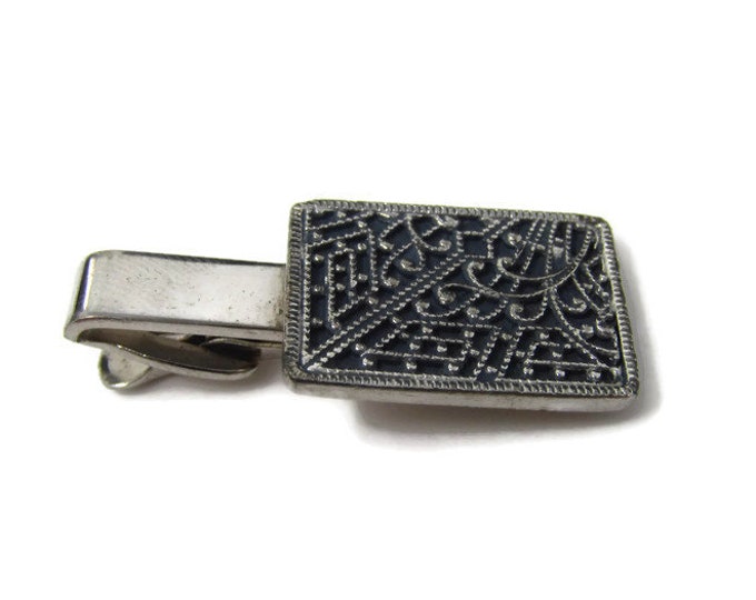 Vintage Tie Bar Tie Clip: Fancy Dot Scroll Rare Design Silver Tone