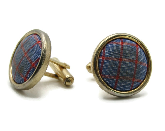 Circle Cuff Links Blue And Red Plaid Fabric Center Men's Jewelry Gold Tone