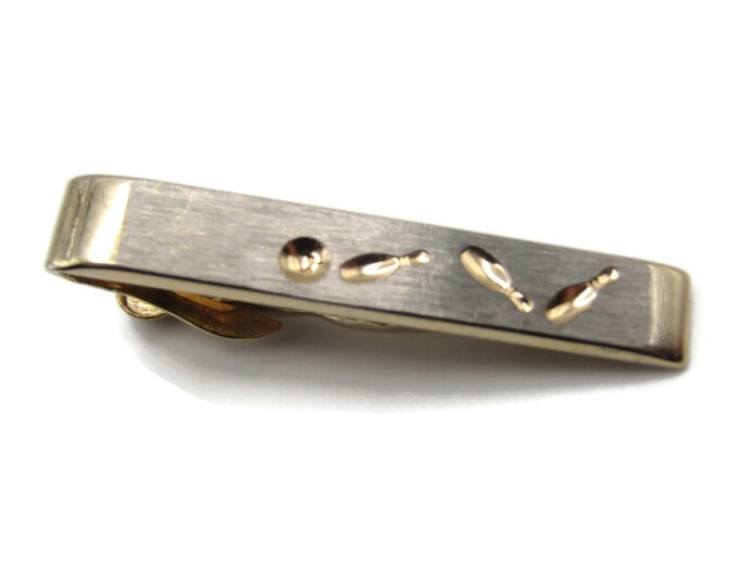 Bowling Ball Pins Textured Tie Clip Gold Tone Tie Bar Men's Jewelry