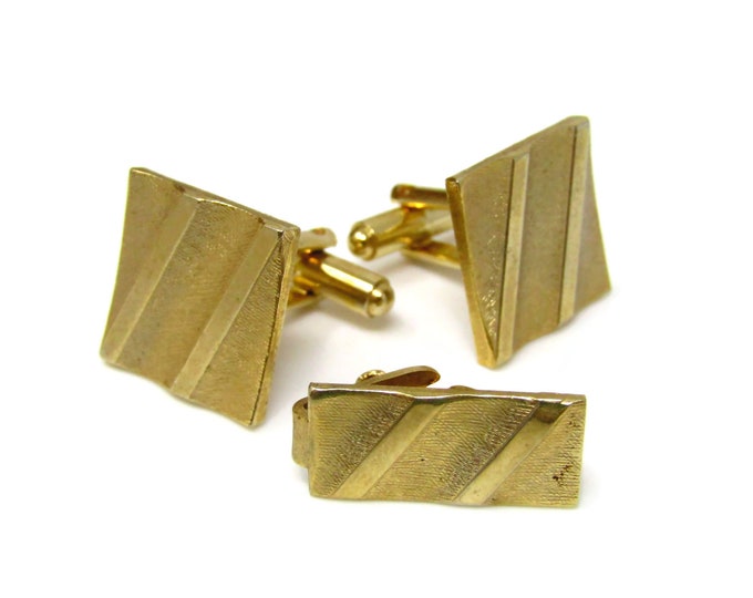 Vintage Men's Jewelry Set Cufflinks Tie Bar Small Gold Tone Striped Grooved