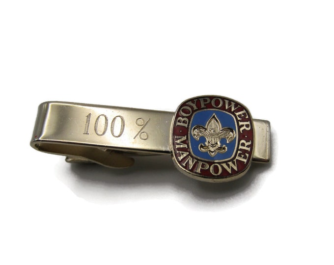 100 Percent Boypower Manpower Fluer Etched Red Blue and Gold Tone Tie Clip Tie Bar Men's Jewelry