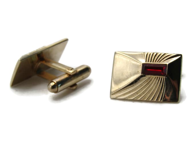Red Stone Curved Line Design Rectangle Cuff Links Men's Jewelry Gold Tone