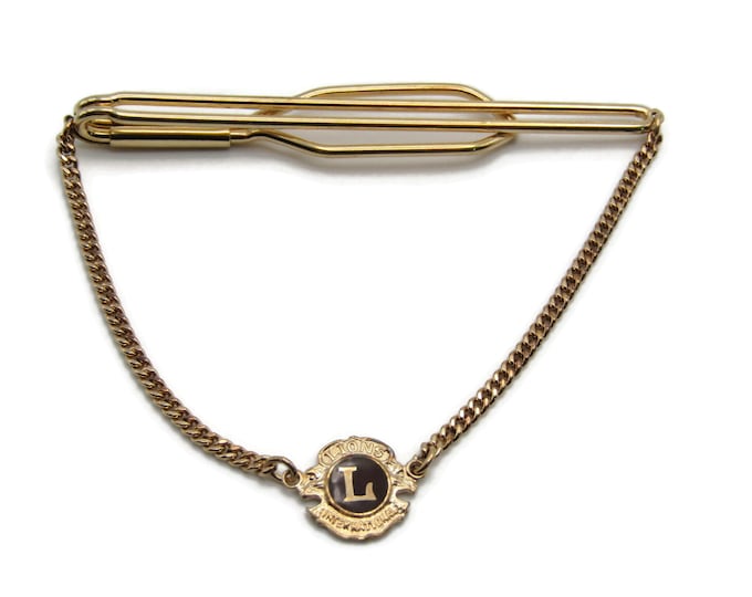 Lions Club International Tie Chain and Charm Gold Tone Tie Clip Open Body Tie Bar Men's Jewelry