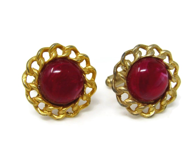 Vintage Cufflinks Red Dome Center Link Border Gold Tone See Through