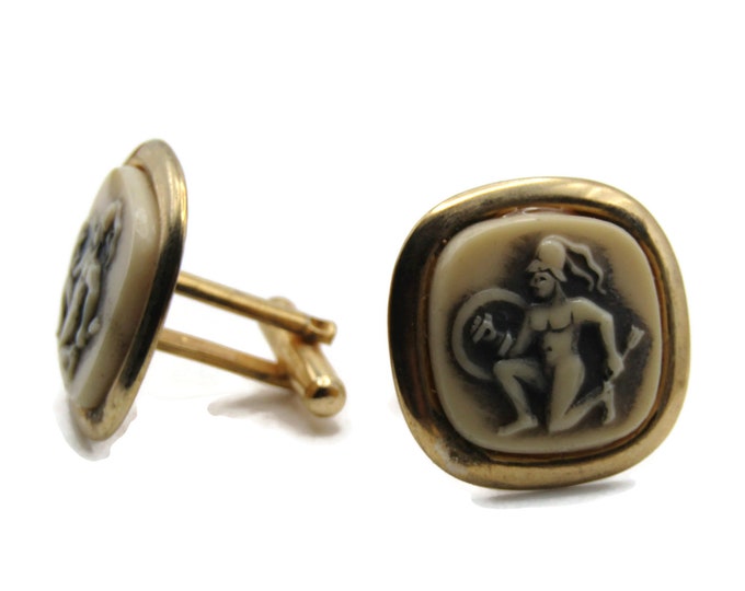 Medieval Person White Stone Cameo Style Stone Cuff Links Men's Jewelry Gold Tone