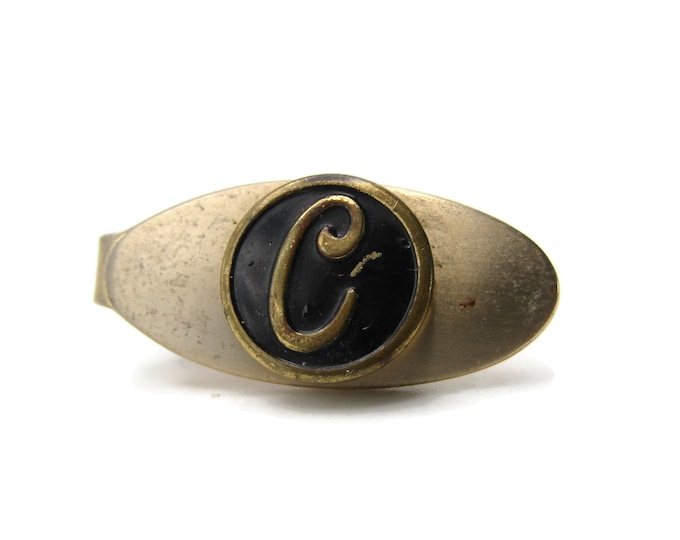 Oval C Letter Initial Monogram Tie Clip Tie Bar Men's Jewelry Gold Tone