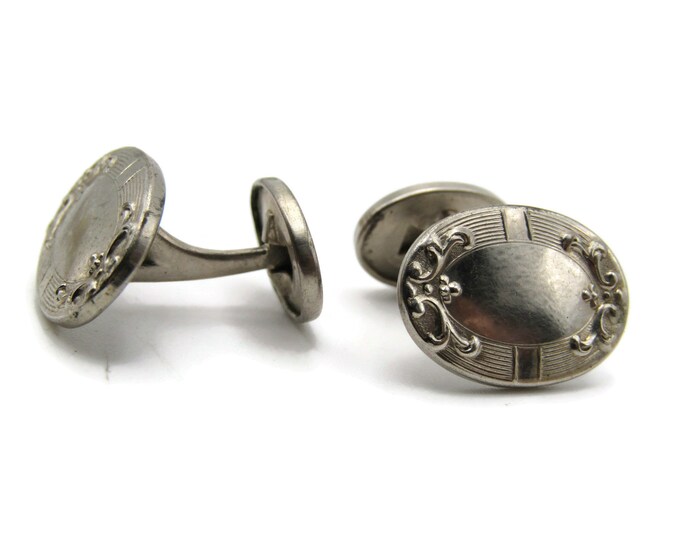Oval Motif Edged Cuff Links Men's Jewelry Silver Tone