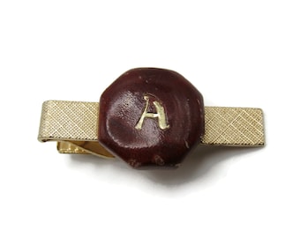 Vintage Initial Tie Clip: Red Octagon, Textured Gold Tone Monogram