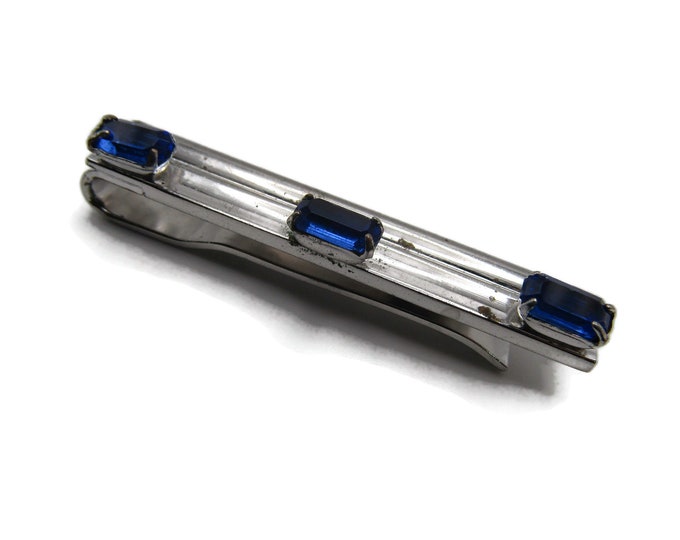 Blue Rhinestone Edge Retro Industrial Silver Tone Tie Bar Tie Clip Men's Jewelry