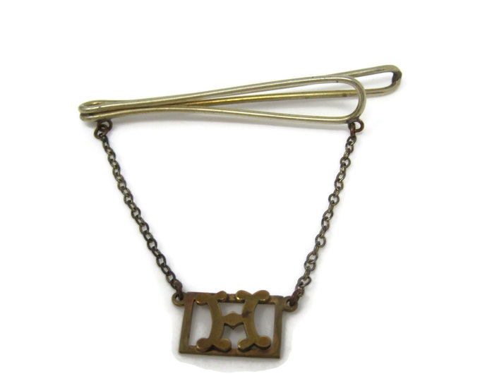 Letter H Initial Scarce Style Tie Clip Bar Gold Tone Vintage Men's Jewelry Nice Design