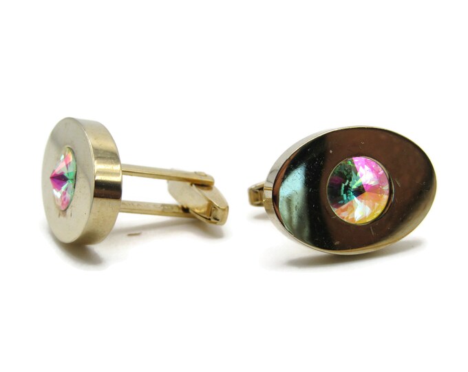 Multicolored Stone Inlay Oval Cuff Links Men's Jewelry Gold Tone