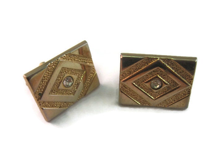 Vintage Cufflinks for Men: Bold Concentric Diamond Shape Clear Jewel Center Design