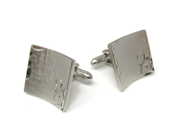 Vintage Silver Tone Cufflinks: Flower Etch Curved Design
