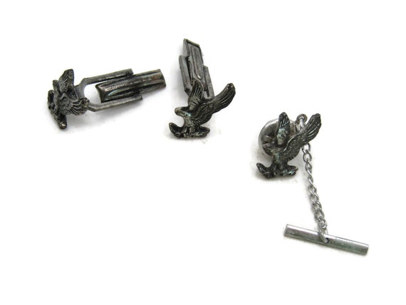 Eagle Cuff Links and Pin With Chain Set Silver To… - image 2