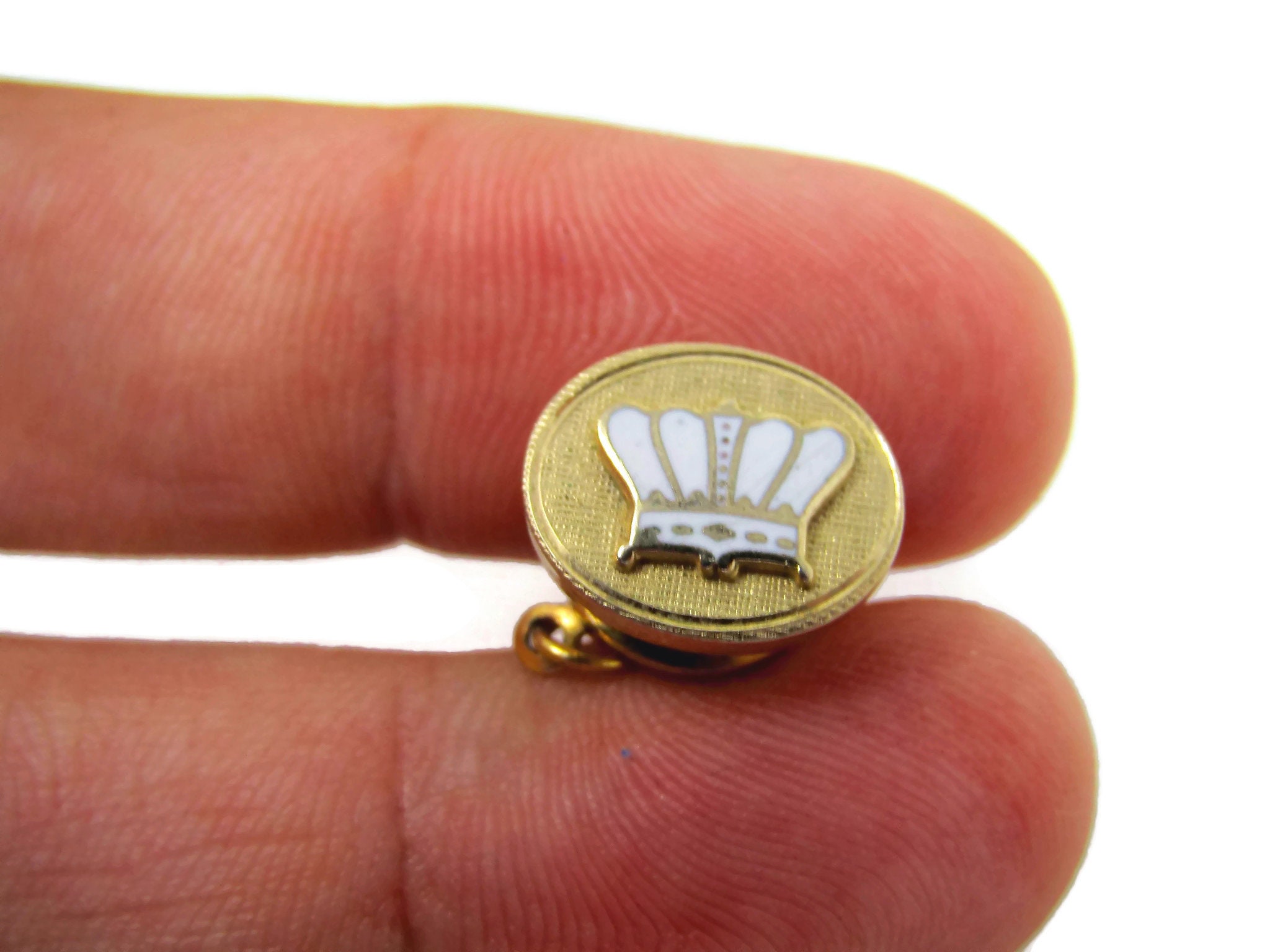 Vintage Tie Tack Tie Pin White Enamel Crown Textured Gold Tone