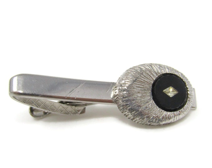 Clear Jewel Textured Setting Black Tie Clip Bar Silver Tone Vintage Men's Jewelry Nice Design