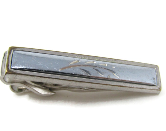 Plant Leaves Etch Center Tie Clip Bar Silver Tone Vintage Men's Jewelry Nice Design