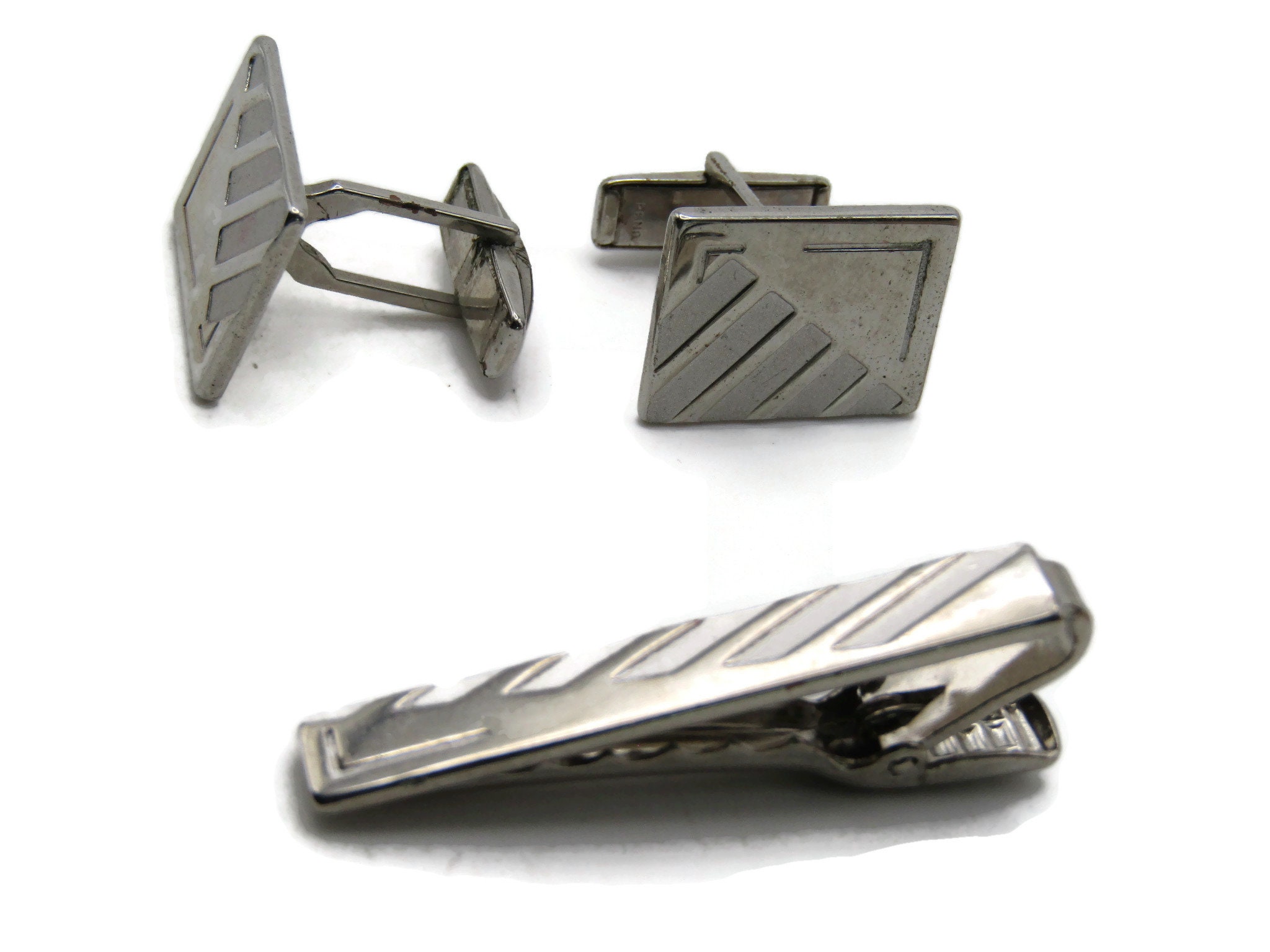 Diagonal Lines Silver Cufflink And Tie Bar Set, Gifts For Men