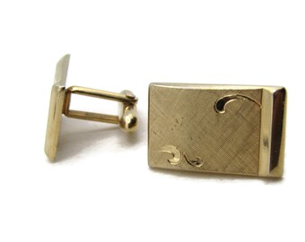 Brushed Etched Motif Rectangle Cuff Links Men's Jewelry Gold Tone