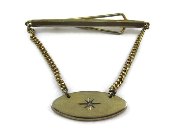 Vintage Tie Bar Clip: Clear Jewel Star Shine Design Oval Medallion Chain Gold Tone