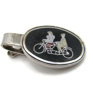 Bicycle For 2 Motif Black Stone Inlay Silver Tone Tie Bar Tie Clip Men&#39;s Jewerly