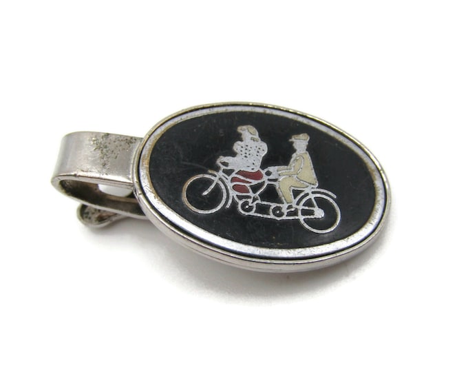 Bicycle For 2 Motif Black Stone Inlay Silver Tone Tie Bar Tie Clip Men's Jewerly