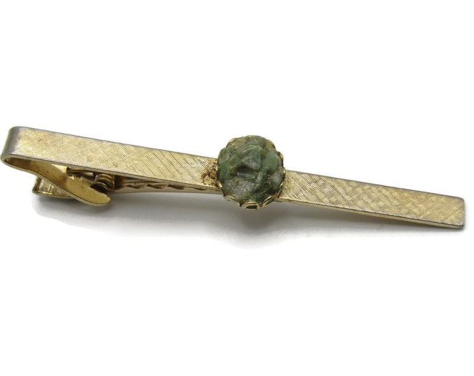 Green Stone Inlay Textured Tie Clip Tie Bar Gold Tone Men's Jewelry