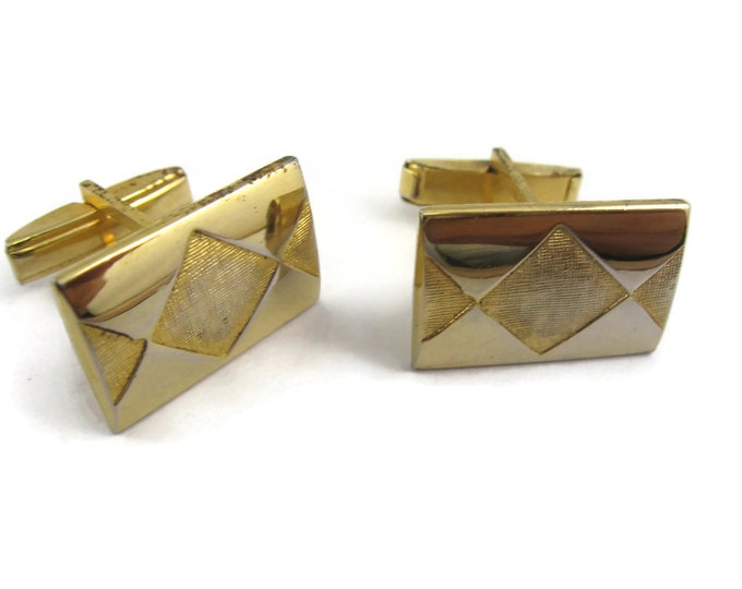 Vintage Cufflinks for Men: Gold Tone Rectangle Diamond Shape Center