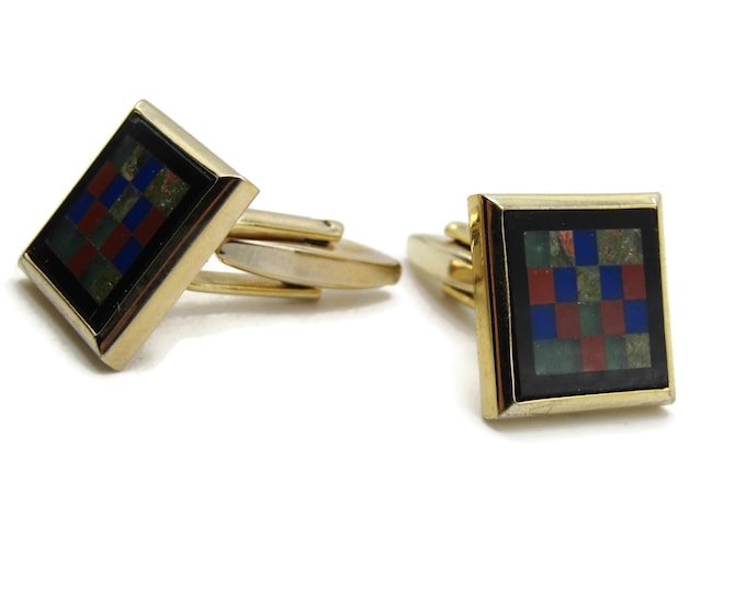 Multicolored Squares Cuff Links Men's Jewelry Gold Tone