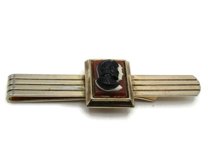 Roman Soldier Heads Brown Stone Inlay Line Design Gold Tone Tie Clip Tie Bar Men's Jewelry