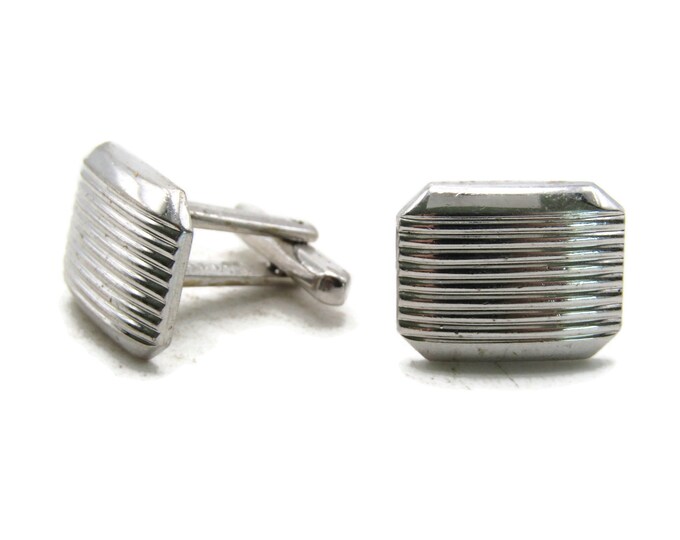 Etched Beveled Rectangle Cuff Links Silver Tone Men's Jewelry