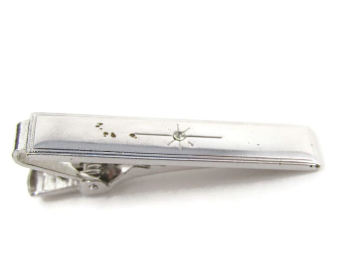 Center Jewel Burst Design Vintage Tie Bar Clip Silver Tone Stand Out w/ Style Fit In with Class