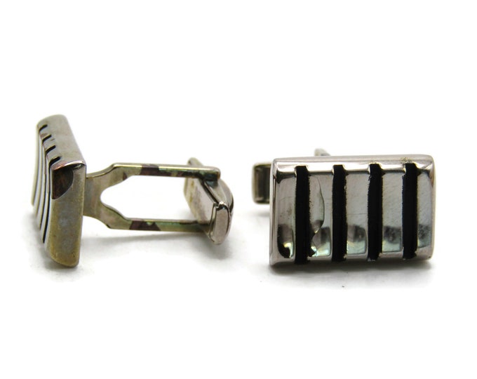 Black Etched Vertical Line Cuff Links Men's Jewelry Silver Tone