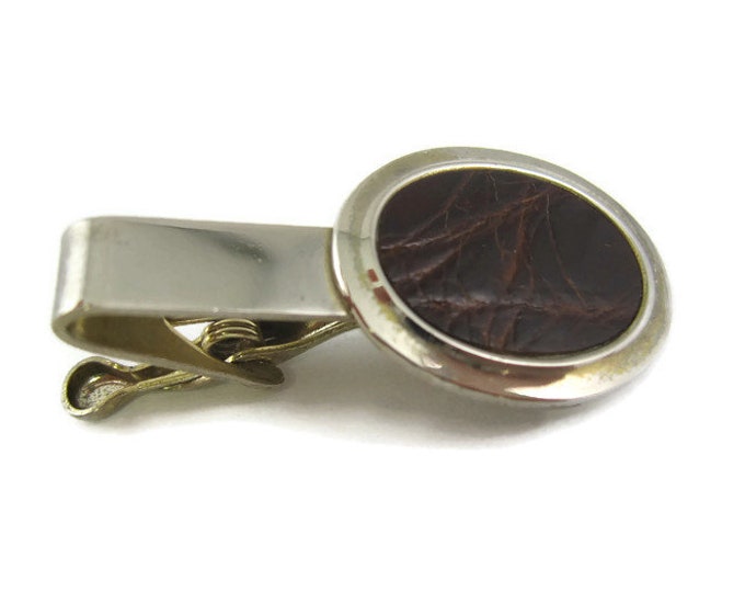 Vintage Tie Bar Clip: Textured Leather Circle Insert Silver Tone Nice Design
