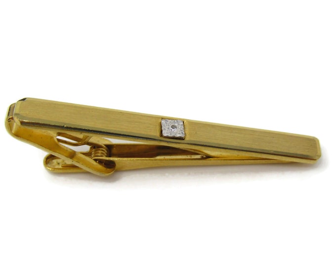 Vintage Tie Clip Bar for Men: Brushed Texture Gold Tone Clear Jewel Nice Quality