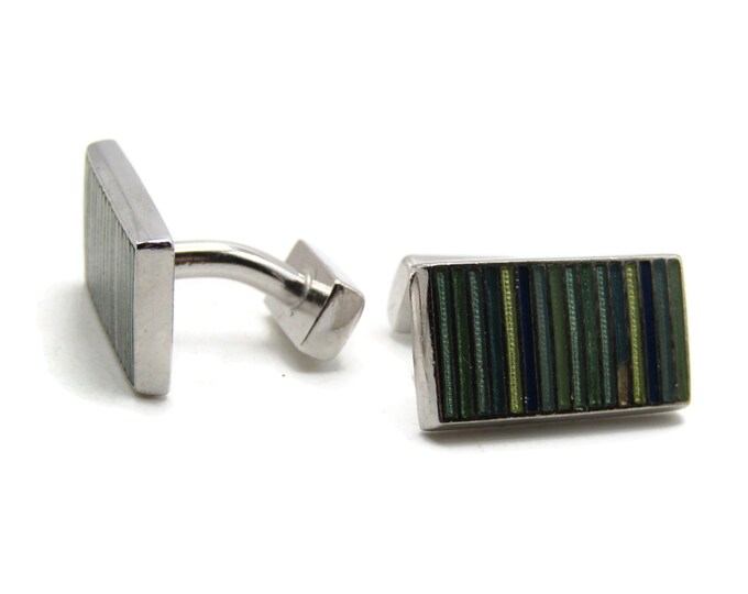 Green And Blue Toned Striped Cuff Links Men's Jewelry Silver Tone