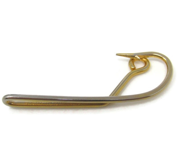 Fish Hook Fisherman O Mustad & Son Tie Clip Bar Gold Tone Vintage Men's Jewelry Nice Design