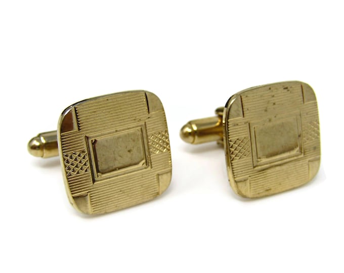 Vintage Cufflinks for Men: Gold Tone Art Deco Rounded Corners Square Design
