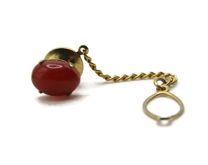 Oval Light Red Stone Tie Pin Chain And Charm Men's Jewelry Gold Tone