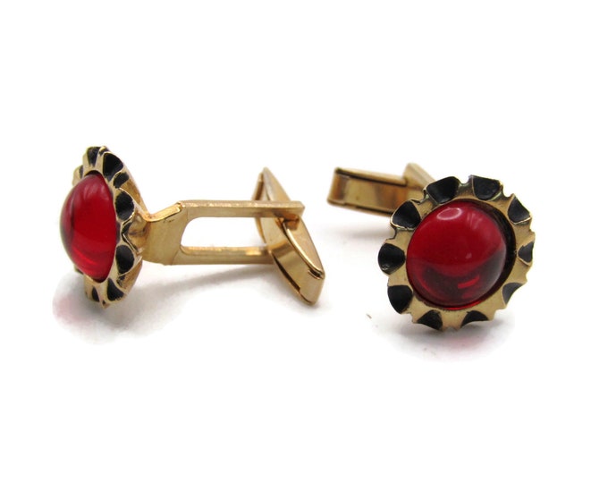 Red Stone Inlay Floral Cuff Links Men's Jewelry Gold Tone