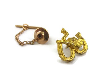 Vintage Tie Tack Pin: Double Horseshoe Elephant Gold Tone