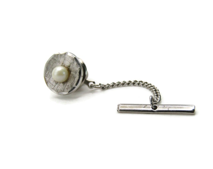 Round White Stone Beveled Edge Tie Pin And Chain Men's Jewelry SIlver Tone