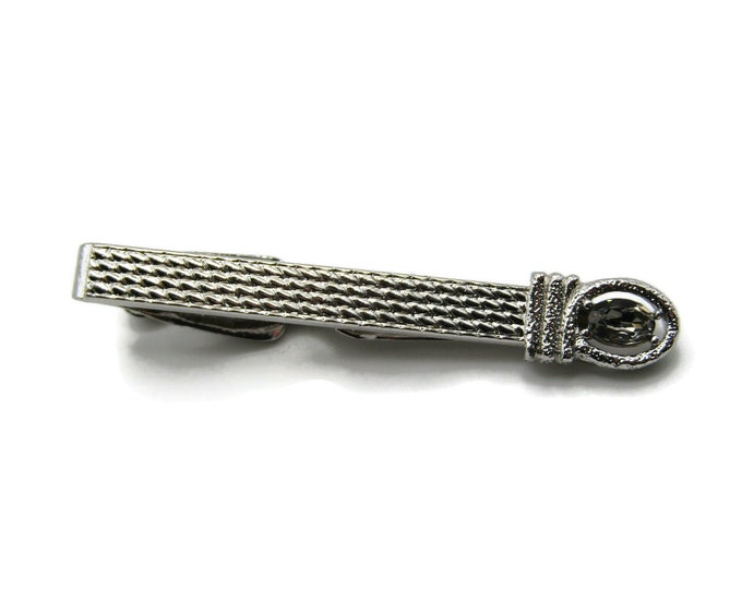 Grey Rhinestone Inset Textured Classic Design Tie Bar Silver Tone Tie Clip Men's Jewelry